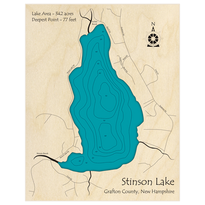 Bathymetric topo map of Stinson Lake with roads, towns and depths noted in blue water