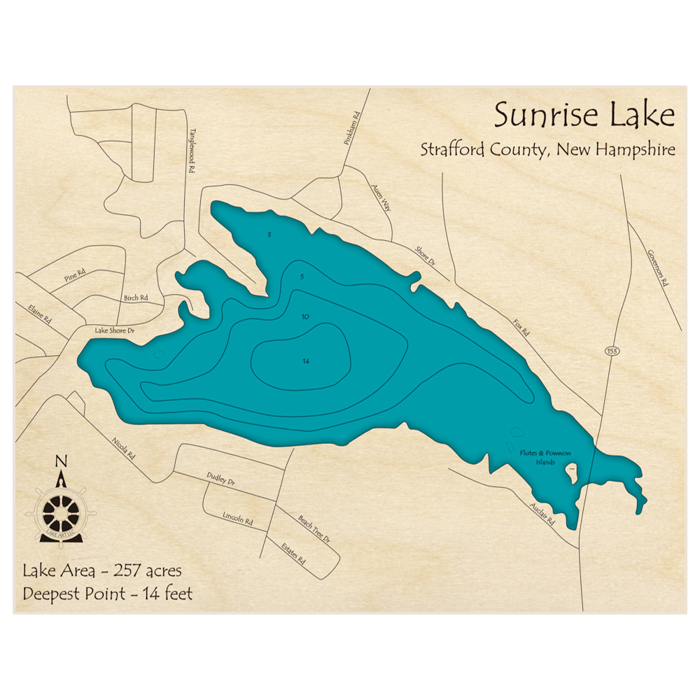 Bathymetric topo map of Sunrise Lake with roads, towns and depths noted in blue water