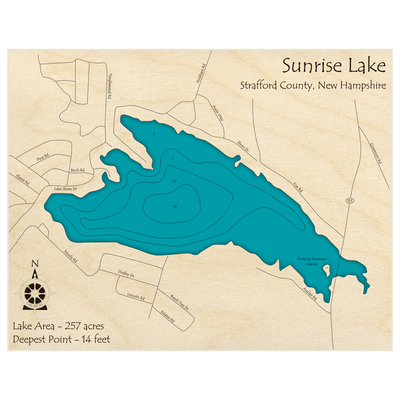 Bathymetric topo map of Sunrise Lake with roads, towns and depths noted in blue water