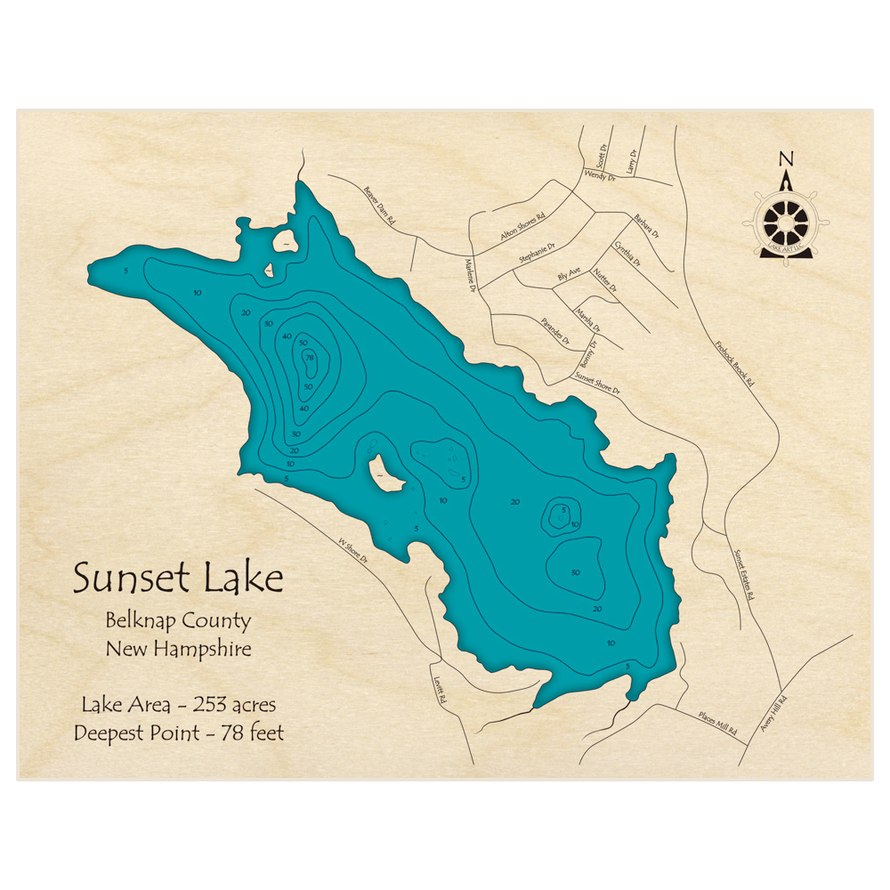 Bathymetric topo map of Sunset Lake with roads, towns and depths noted in blue water