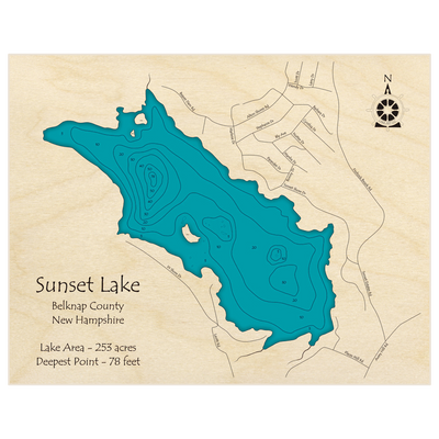 Bathymetric topo map of Sunset Lake with roads, towns and depths noted in blue water