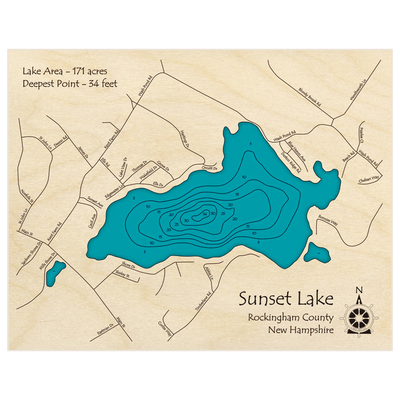 Bathymetric topo map of Sunset Lake with roads, towns and depths noted in blue water