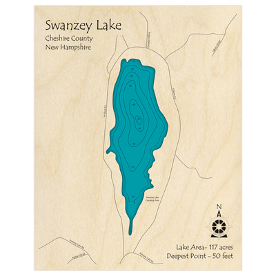 Bathymetric topo map of Swanzey Lake with roads, towns and depths noted in blue water