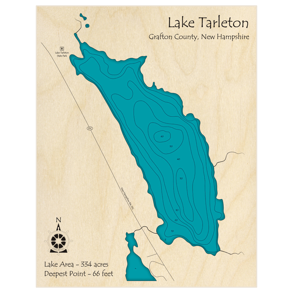 Bathymetric topo map of Lake Tarleton with roads, towns and depths noted in blue water