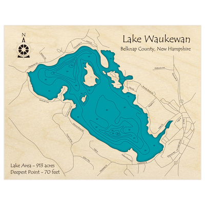 Bathymetric topo map of Lake Waukewan with roads, towns and depths noted in blue water