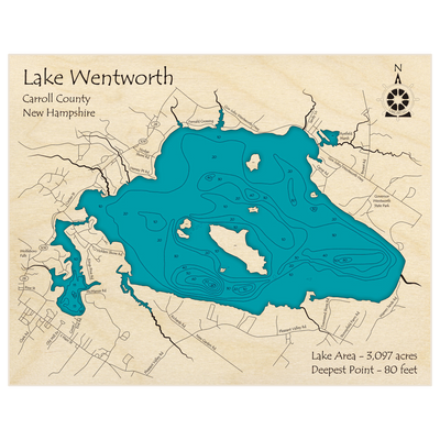 Bathymetric topo map of Lake Wentworth with roads, towns and depths noted in blue water