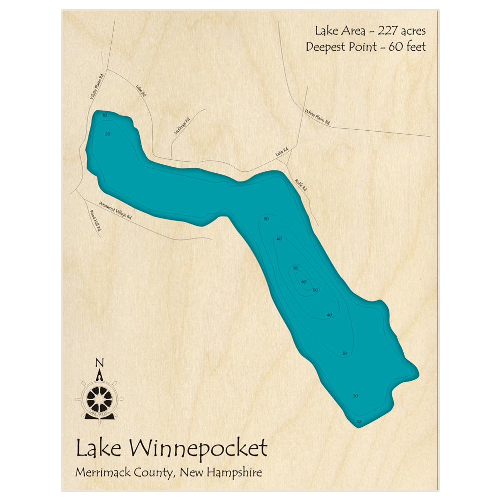 Bathymetric topo map of Lake Winnepocket with roads, towns and depths noted in blue water