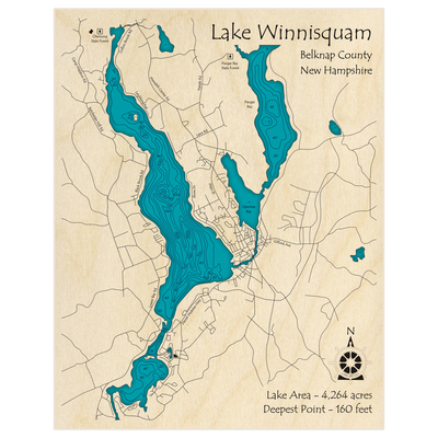 Bathymetric topo map of Lake Winnisquam with roads, towns and depths noted in blue water