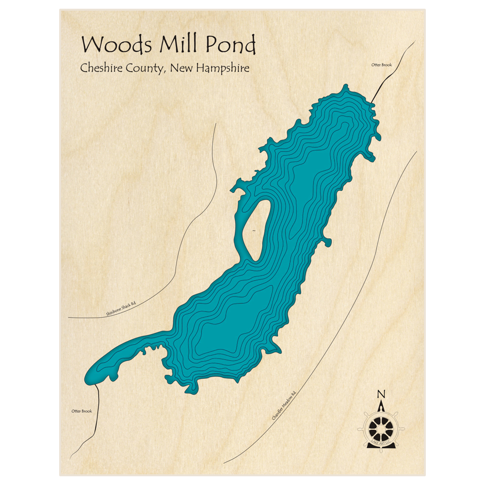 Bathymetric topo map of Woods Mill Pond  with roads, towns and depths noted in blue water