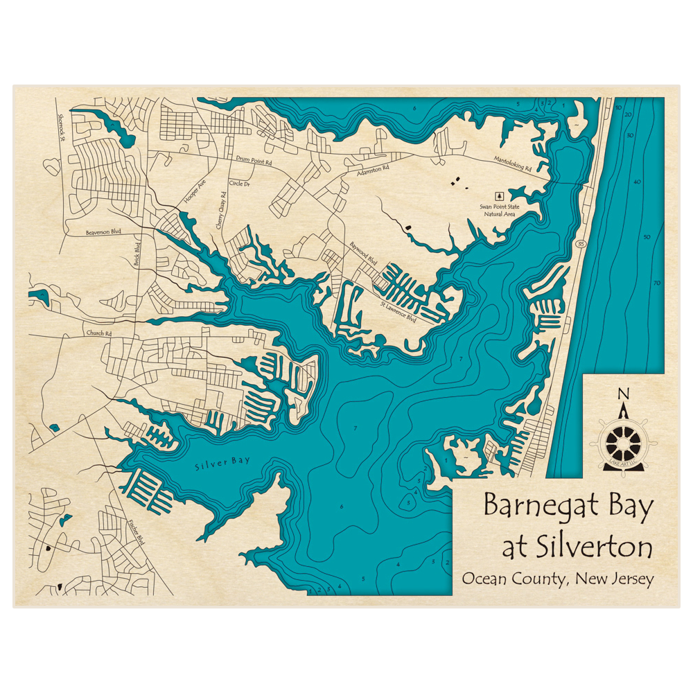 Bathymetric topo map of Barnegat Bay (at Silverton) with roads, towns and depths noted in blue water