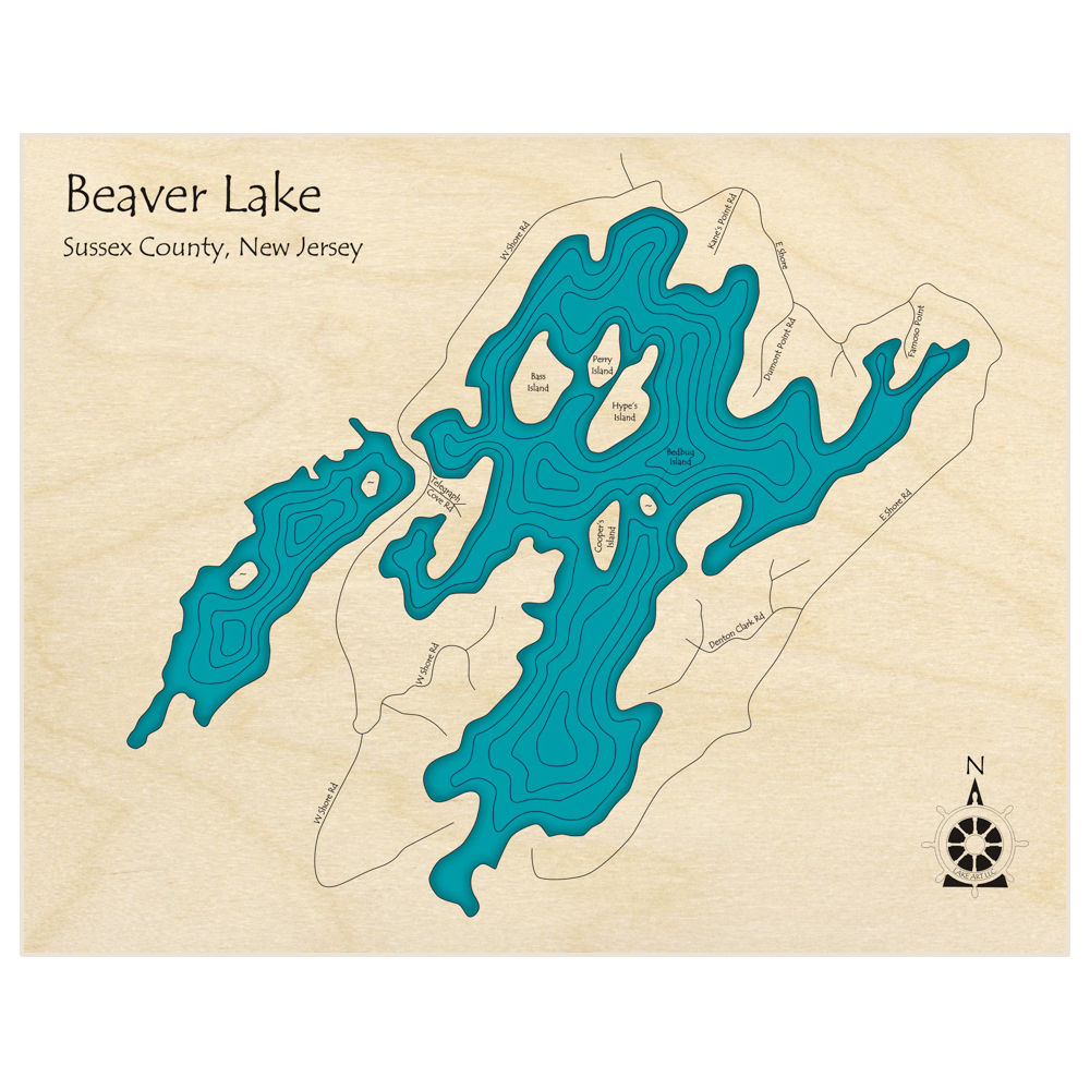 Bathymetric topo map of Beaver Lake  with roads, towns and depths noted in blue water