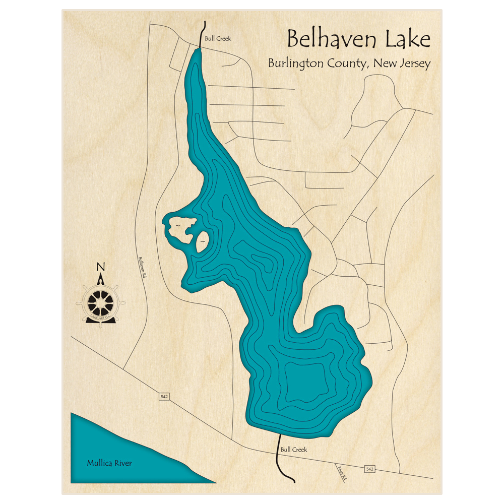 Bathymetric topo map of Belhaven Lake  with roads, towns and depths noted in blue water