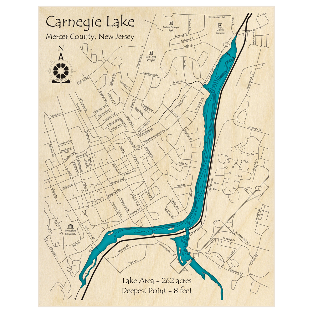 Bathymetric topo map of Carnegie Lake with roads, towns and depths noted in blue water