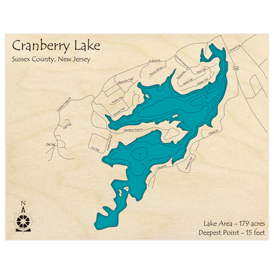 Bathymetric topo map of Cranberry Lake with roads, towns and depths noted in blue water