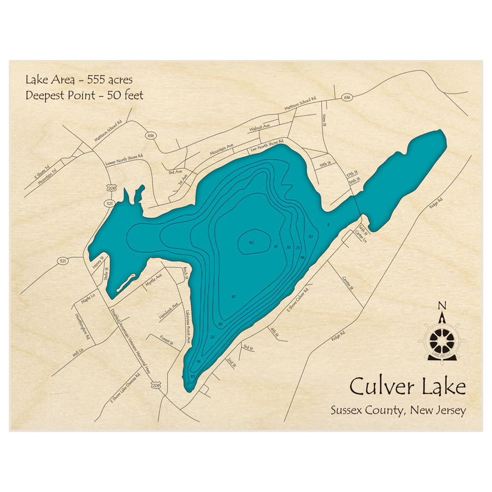 Bathymetric topo map of Culver Lake with roads, towns and depths noted in blue water