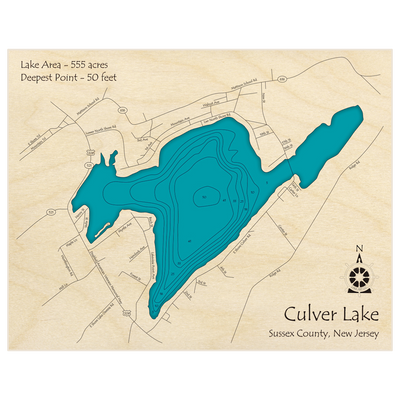 Bathymetric topo map of Culver Lake with roads, towns and depths noted in blue water