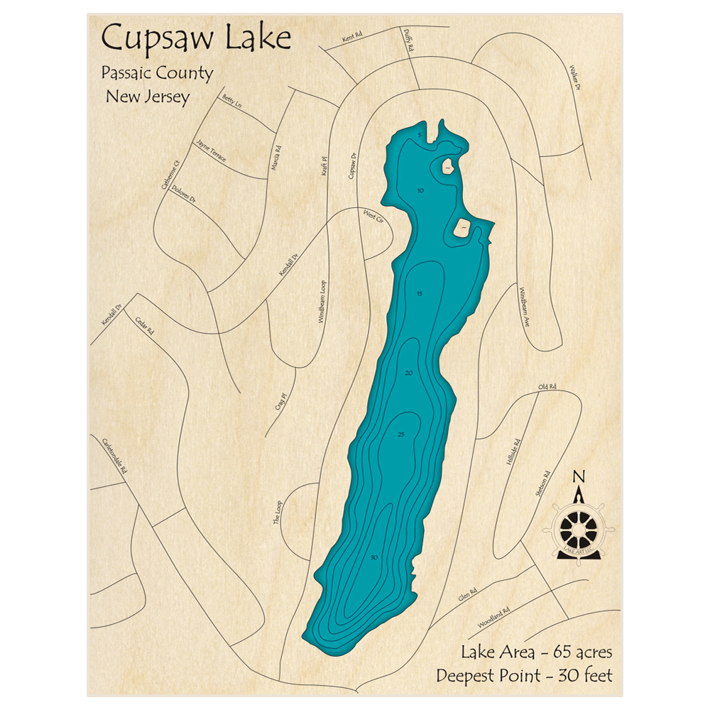 Bathymetric topo map of Cupsaw Lake with roads, towns and depths noted in blue water