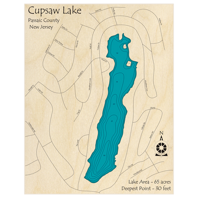 Bathymetric topo map of Cupsaw Lake with roads, towns and depths noted in blue water