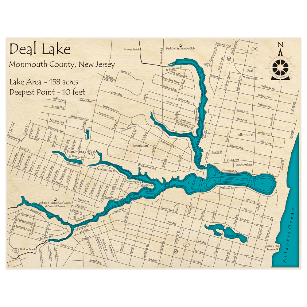 Bathymetric topo map of Deal Lake with roads, towns and depths noted in blue water