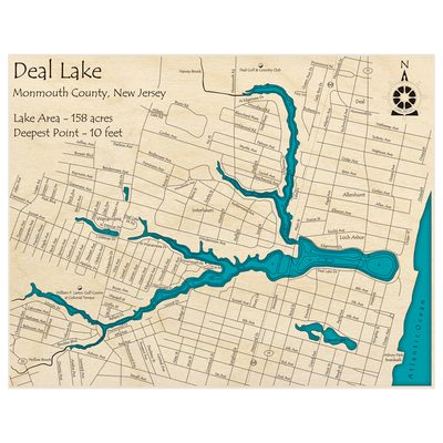 Bathymetric topo map of Deal Lake with roads, towns and depths noted in blue water