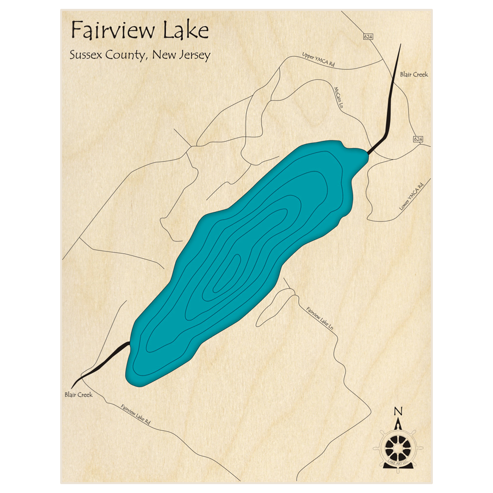 Bathymetric topo map of Fairview Lake  with roads, towns and depths noted in blue water