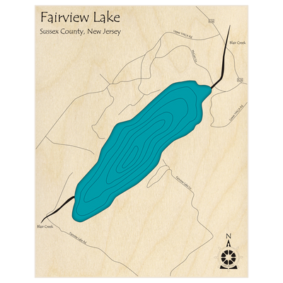 Bathymetric topo map of Fairview Lake  with roads, towns and depths noted in blue water