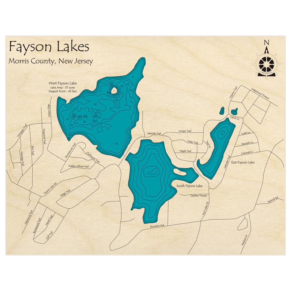 Bathymetric topo map of Fayson Lake with roads, towns and depths noted in blue water