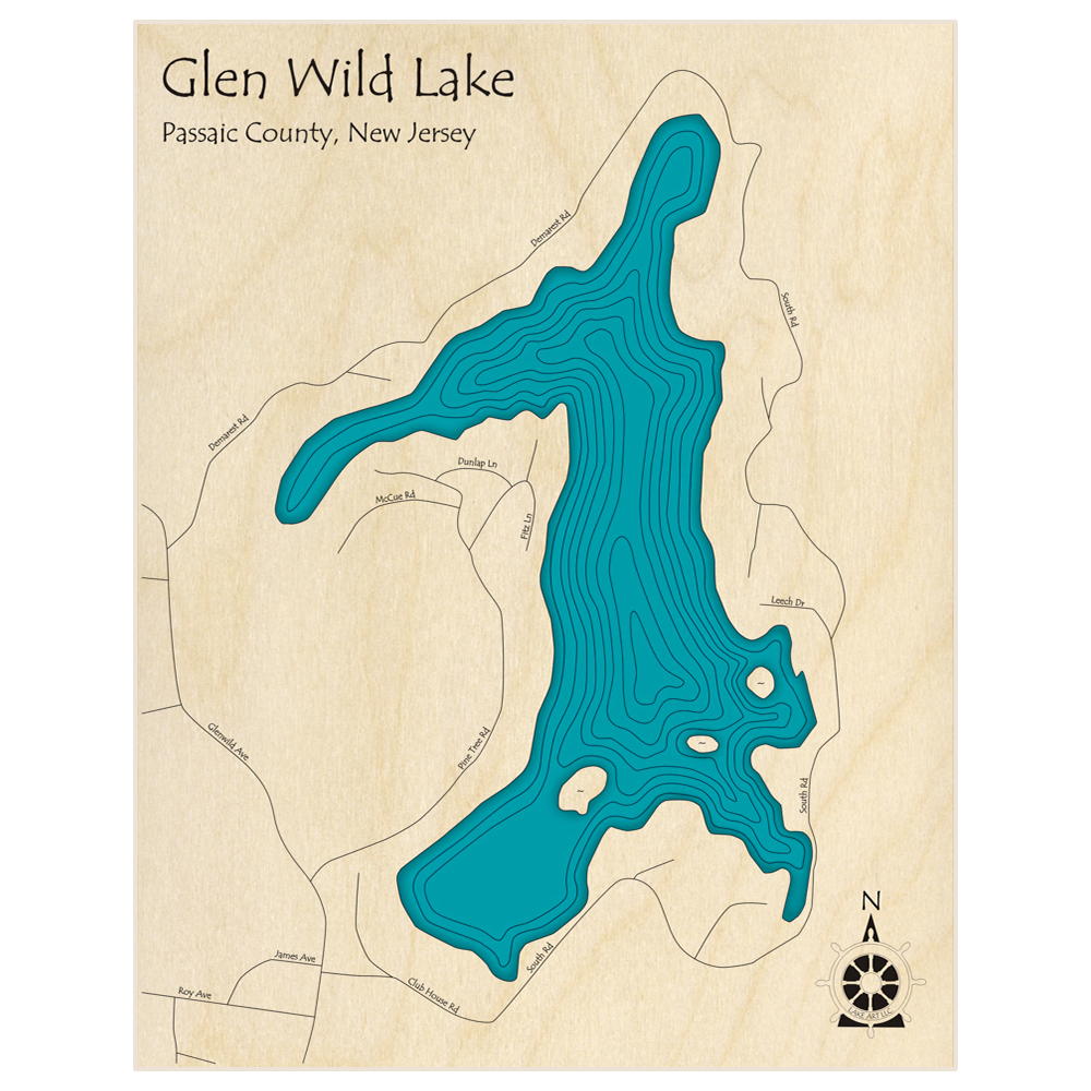 Bathymetric topo map of Glen Wild Lake  with roads, towns and depths noted in blue water