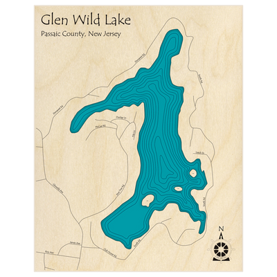 Bathymetric topo map of Glen Wild Lake  with roads, towns and depths noted in blue water