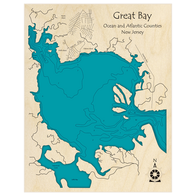 Bathymetric topo map of Great Bay with roads, towns and depths noted in blue water