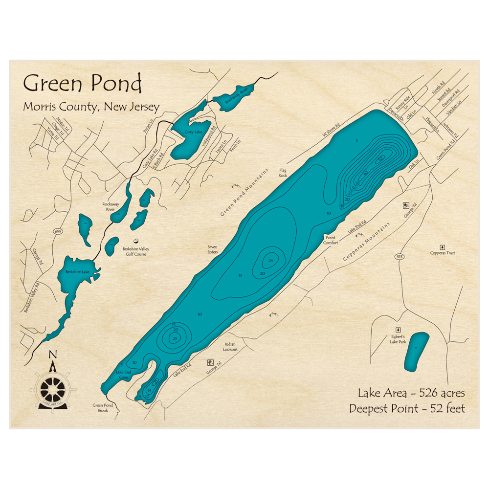 Bathymetric topo map of Green Pond with roads, towns and depths noted in blue water