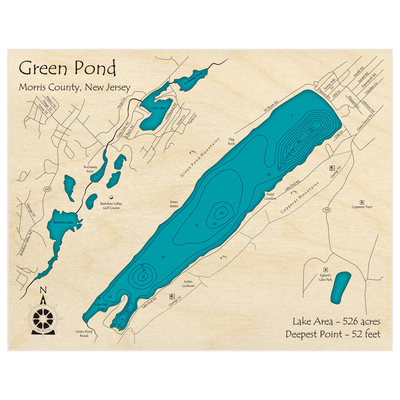 Bathymetric topo map of Green Pond with roads, towns and depths noted in blue water