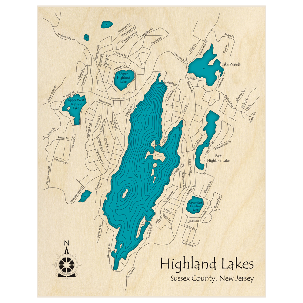 Bathymetric topo map of Highland Lake  with roads, towns and depths noted in blue water