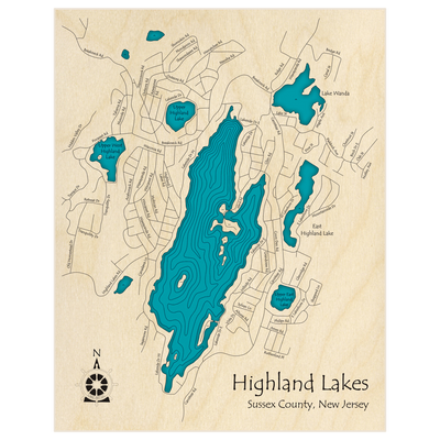 Bathymetric topo map of Highland Lake  with roads, towns and depths noted in blue water