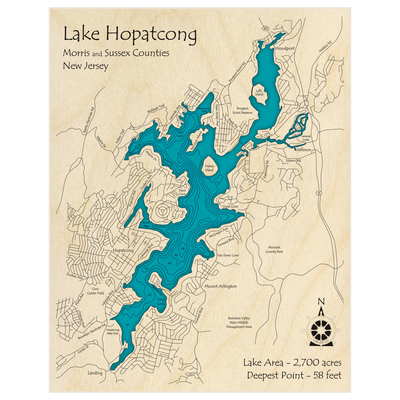 Bathymetric topo map of Lake Hopatcong with roads, towns and depths noted in blue water