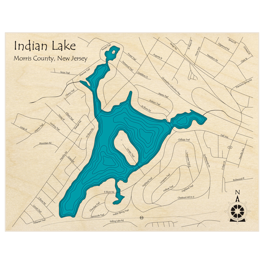 Bathymetric topo map of Indian Lake  with roads, towns and depths noted in blue water