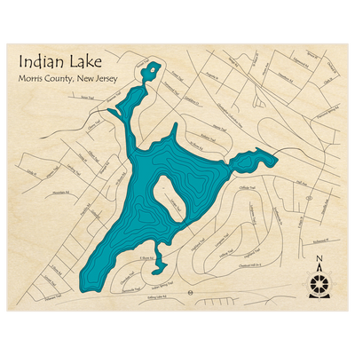 Bathymetric topo map of Indian Lake  with roads, towns and depths noted in blue water