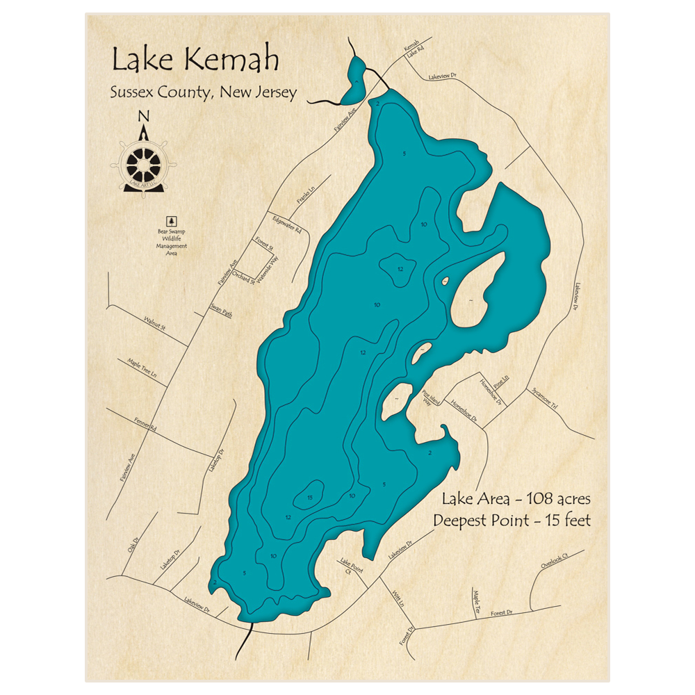 Bathymetric topo map of Lake Kemah with roads, towns and depths noted in blue water