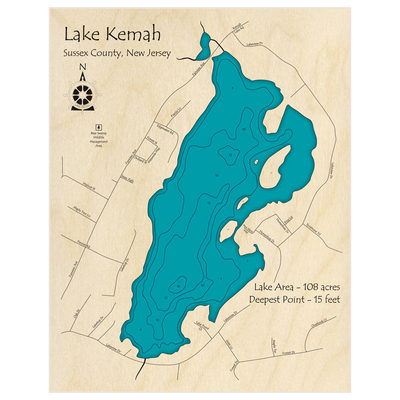 Bathymetric topo map of Lake Kemah with roads, towns and depths noted in blue water