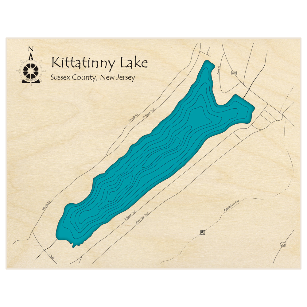 Bathymetric topo map of Kittatinny Lake  with roads, towns and depths noted in blue water