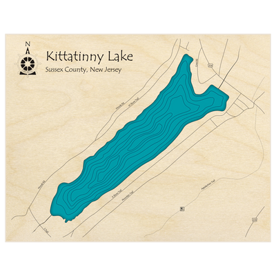 Bathymetric topo map of Kittatinny Lake  with roads, towns and depths noted in blue water