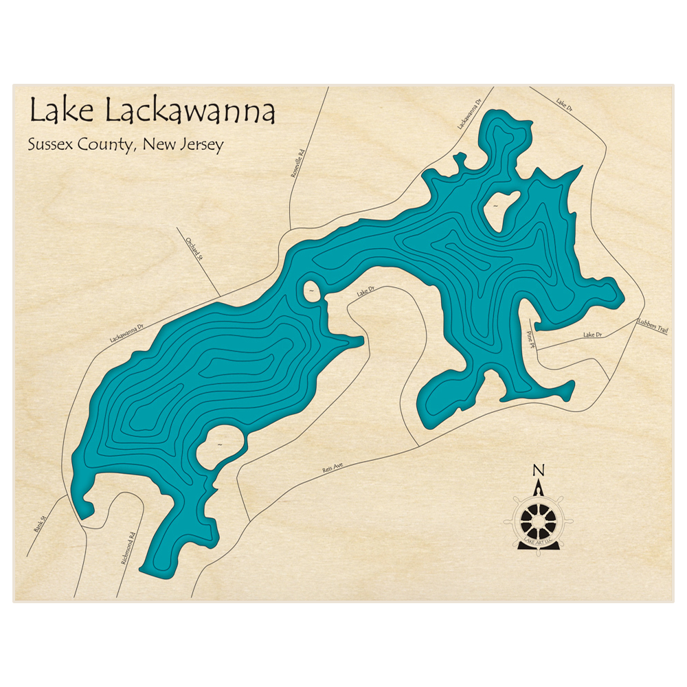 Bathymetric topo map of Lake Lackawanna  with roads, towns and depths noted in blue water