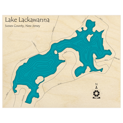 Bathymetric topo map of Lake Lackawanna  with roads, towns and depths noted in blue water