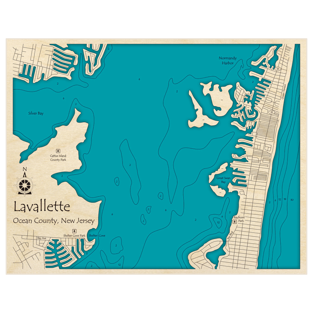 Bathymetric topo map of Lavallette (Zoomed In) with roads, towns and depths noted in blue water