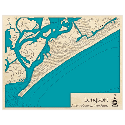 Bathymetric topo map of Longport with roads, towns and depths noted in blue water