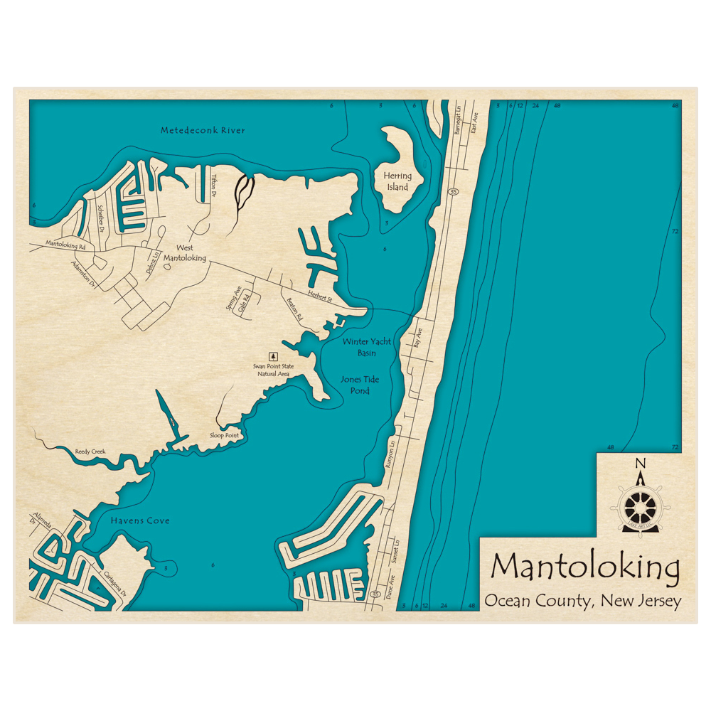 Bathymetric topo map of Mantoloking Region with roads, towns and depths noted in blue water