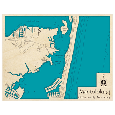 Bathymetric topo map of Mantoloking Region with roads, towns and depths noted in blue water