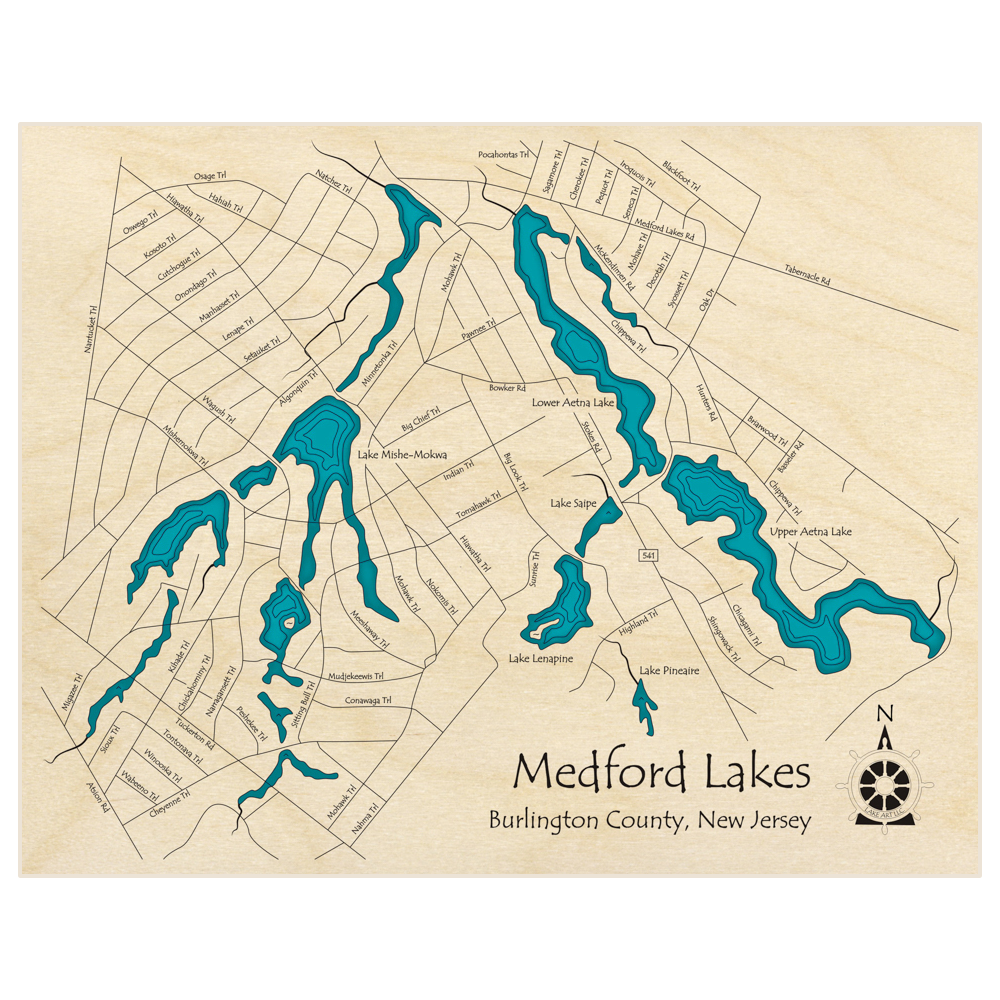 Bathymetric topo map of Medford Lakes  with roads, towns and depths noted in blue water