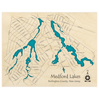 Bathymetric topo map of Medford Lakes  with roads, towns and depths noted in blue water