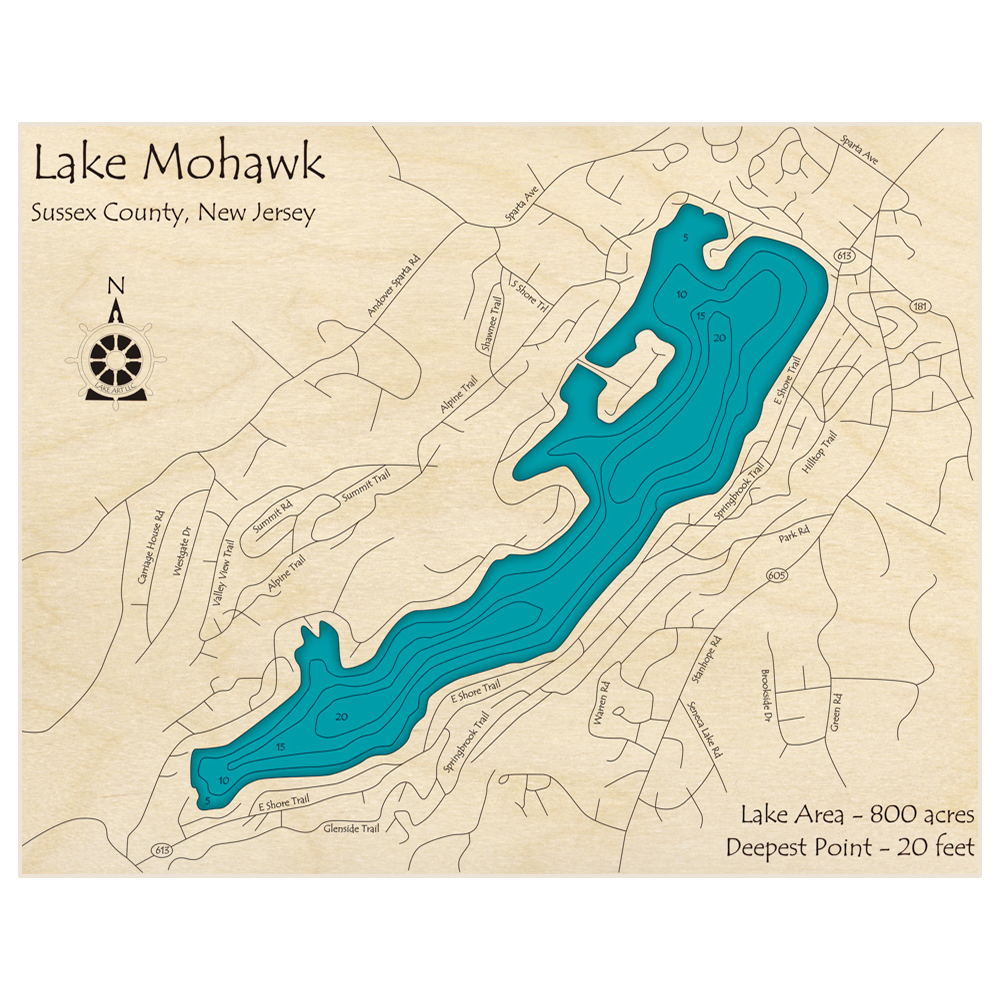 Bathymetric topo map of Lake Mohawk with roads, towns and depths noted in blue water